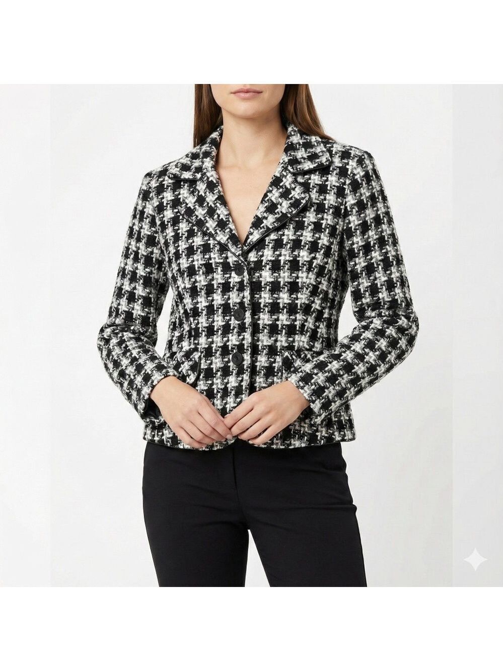 ARVIDA Wool Blend Houndstooth Tweed Blazer Fully Lined Front Flap Pockets Sz 8